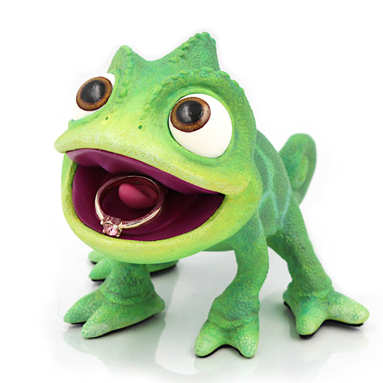 Pascal, the small green chameleon, loyal friend of Rapunzel, the main character from the animated movie "Tangled," Here is my handmade figurine toy which is also engagement ring holder