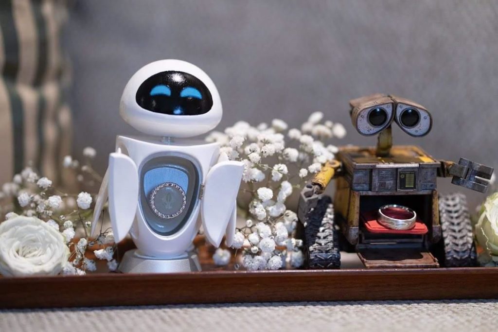 Custom wedding ring box robot Wall E  and Eve for Disney fan who wanted to propose with his favorite character
