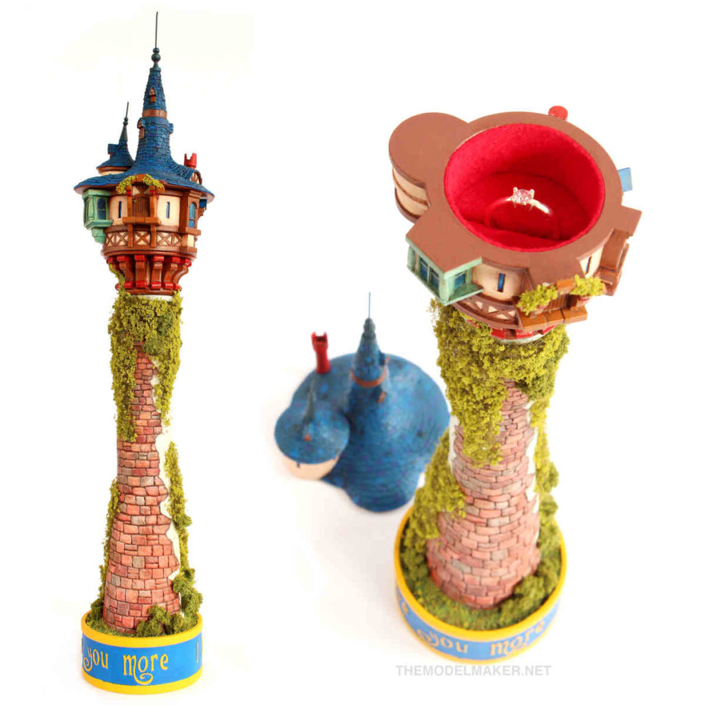 Rapunzel tower or tangled tower model inspired by Disney animated movie. It is rare handmade collectible and also unique engagement ring box.